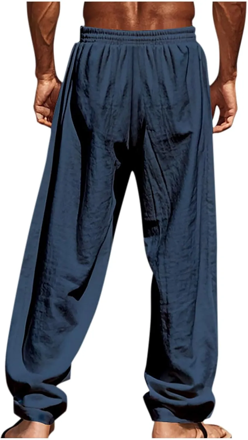 Mens Summer Beach Pants Loose Fit Lightweight Elastic Waist Cotton Linen Pant Comfy Tropical Vacation Travel Trousers