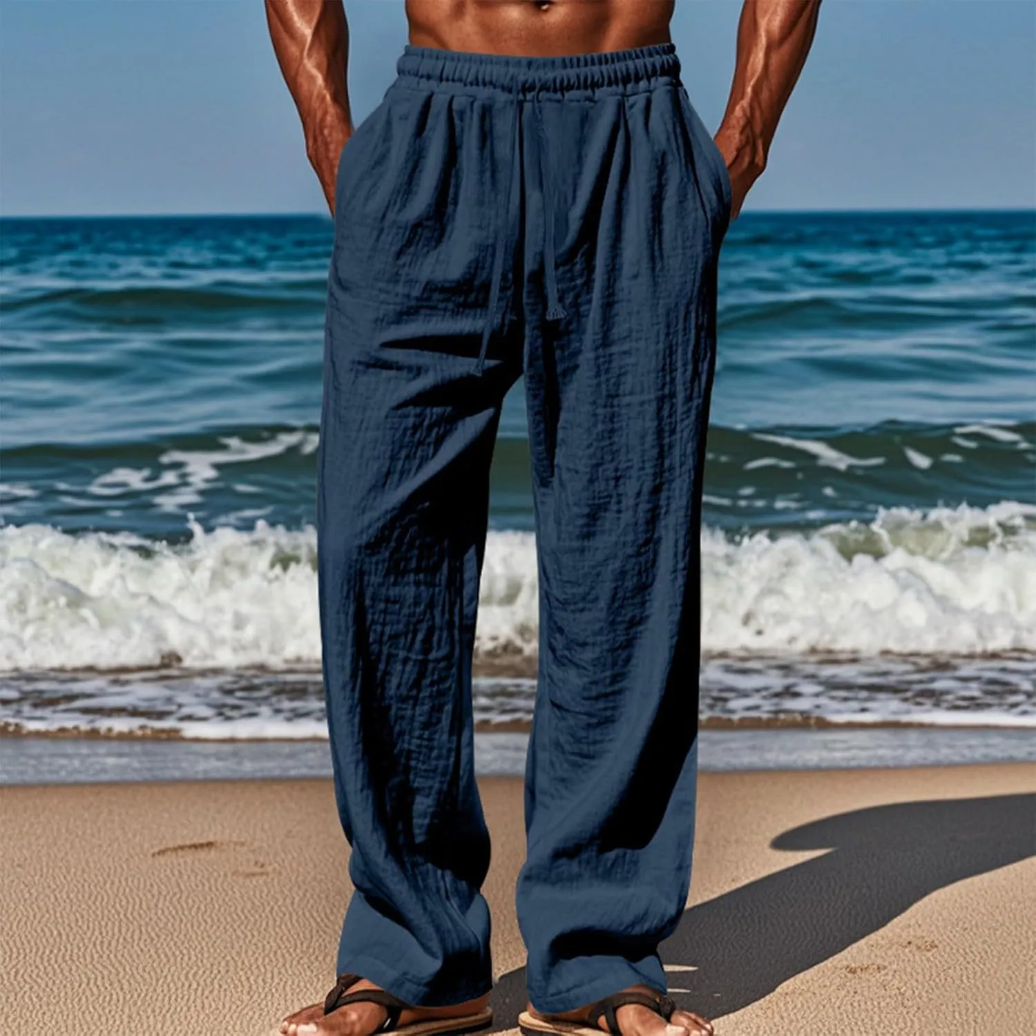 Mens Summer Beach Pants Loose Fit Lightweight Elastic Waist Cotton Linen Pant Comfy Tropical Vacation Travel Trousers