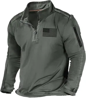 Mens Tactical Sweatshirts with No Hood Long Sleeve Stand Collar Casual 1/4 Zip American Flag Patriotic Pullover Sweater Tops
