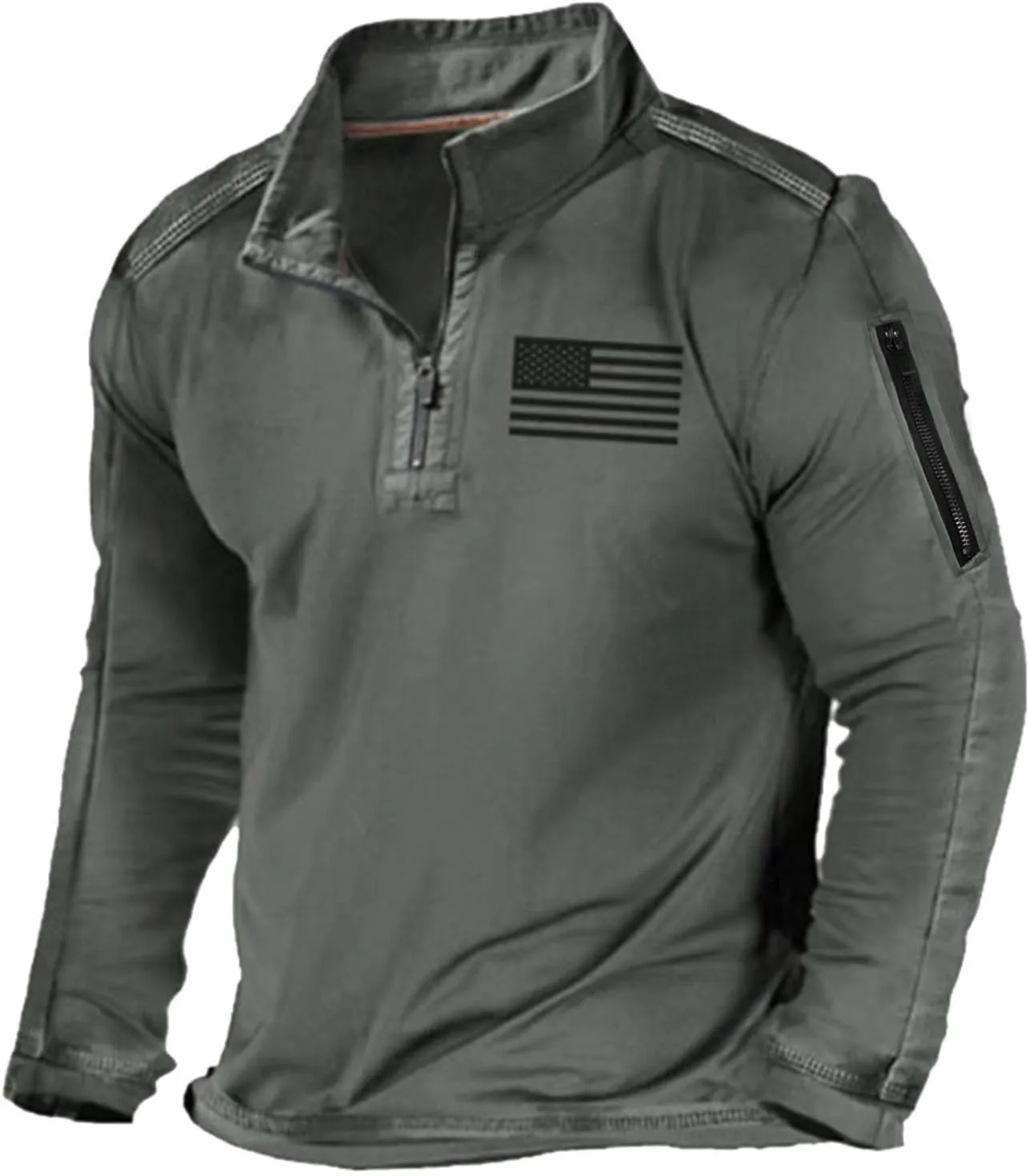 Mens Tactical Sweatshirts with No Hood Long Sleeve Stand Collar Casual 1/4 Zip American Flag Patriotic Pullover Sweater Tops