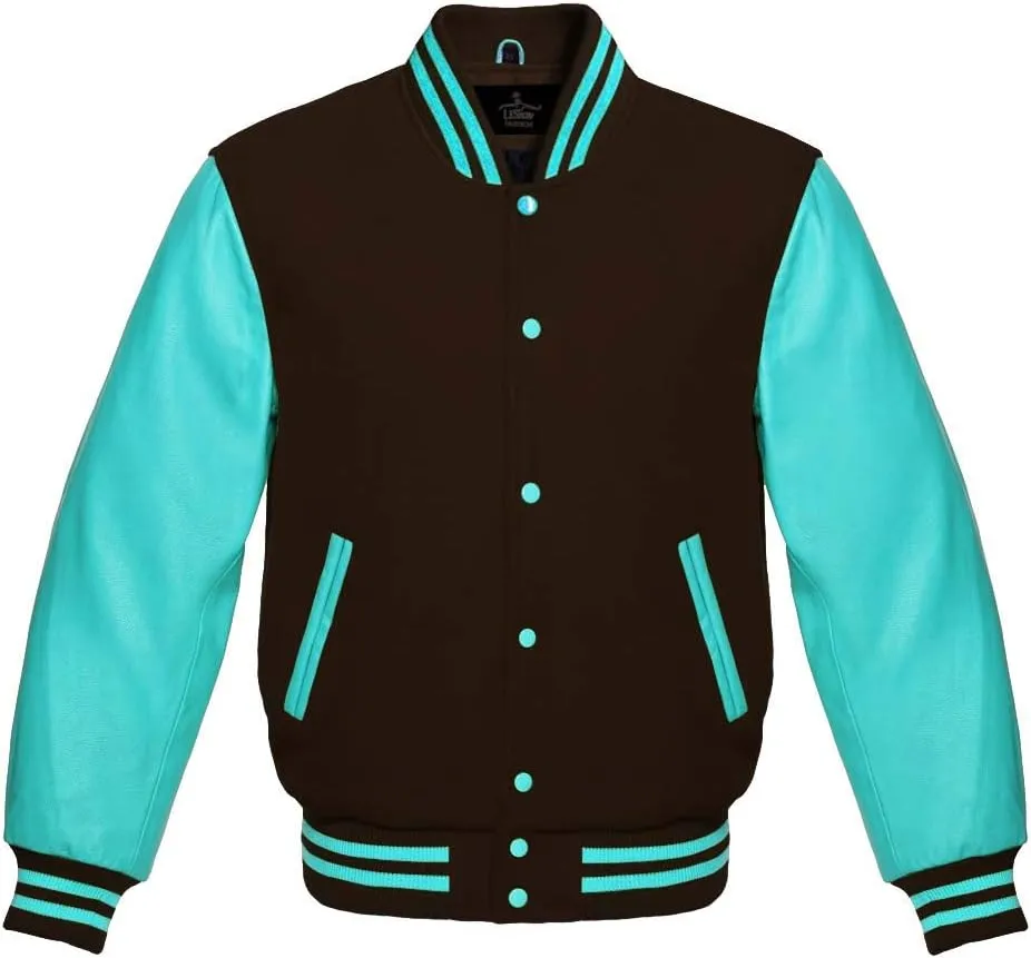 Men's Varsity Baseball Letterman Bomber Jacket Wool & Turquoise Genuine Leather Sleeves