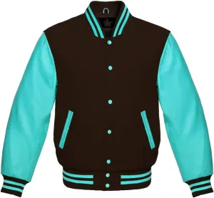 Men's Varsity Baseball Letterman Bomber Jacket Wool & Turquoise Genuine Leather Sleeves