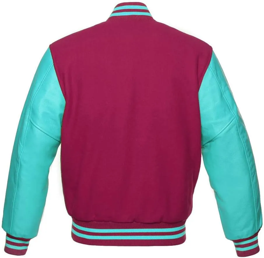 Men's Varsity Baseball Letterman Bomber Jacket Wool & Turquoise Genuine Leather Sleeves