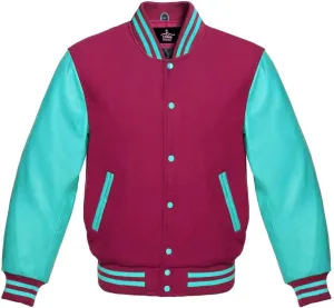 Men's Varsity Baseball Letterman Bomber Jacket Wool & Turquoise Genuine Leather Sleeves