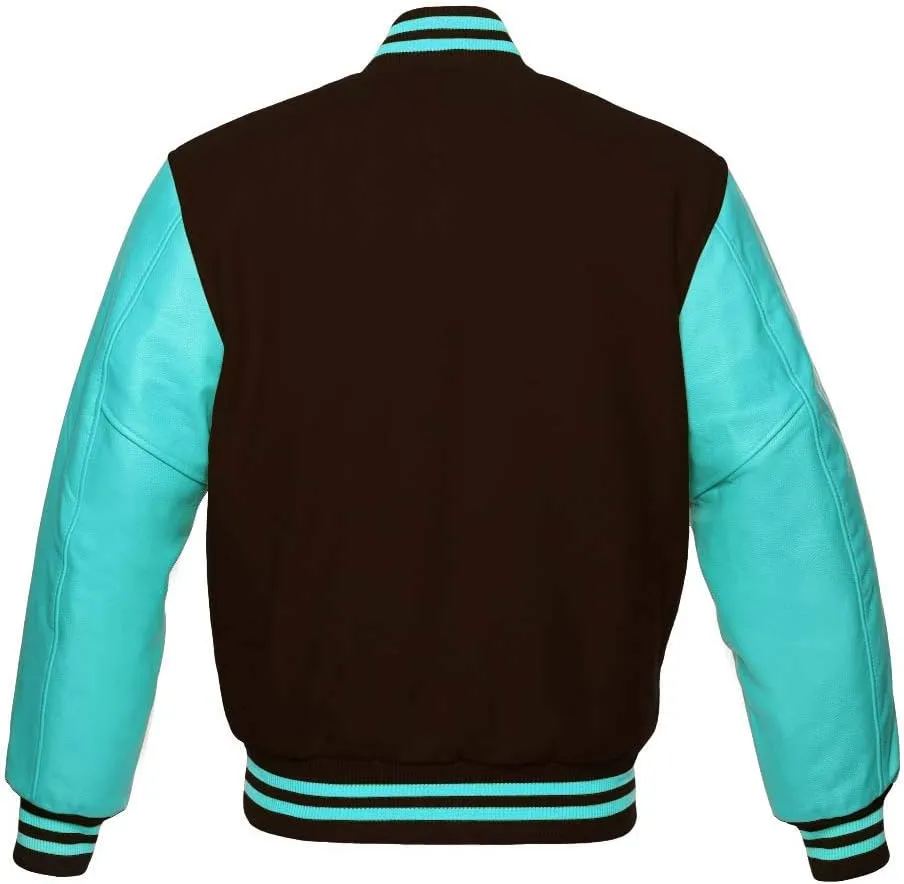 Men's Varsity Baseball Letterman Bomber Jacket Wool & Turquoise Genuine Leather Sleeves