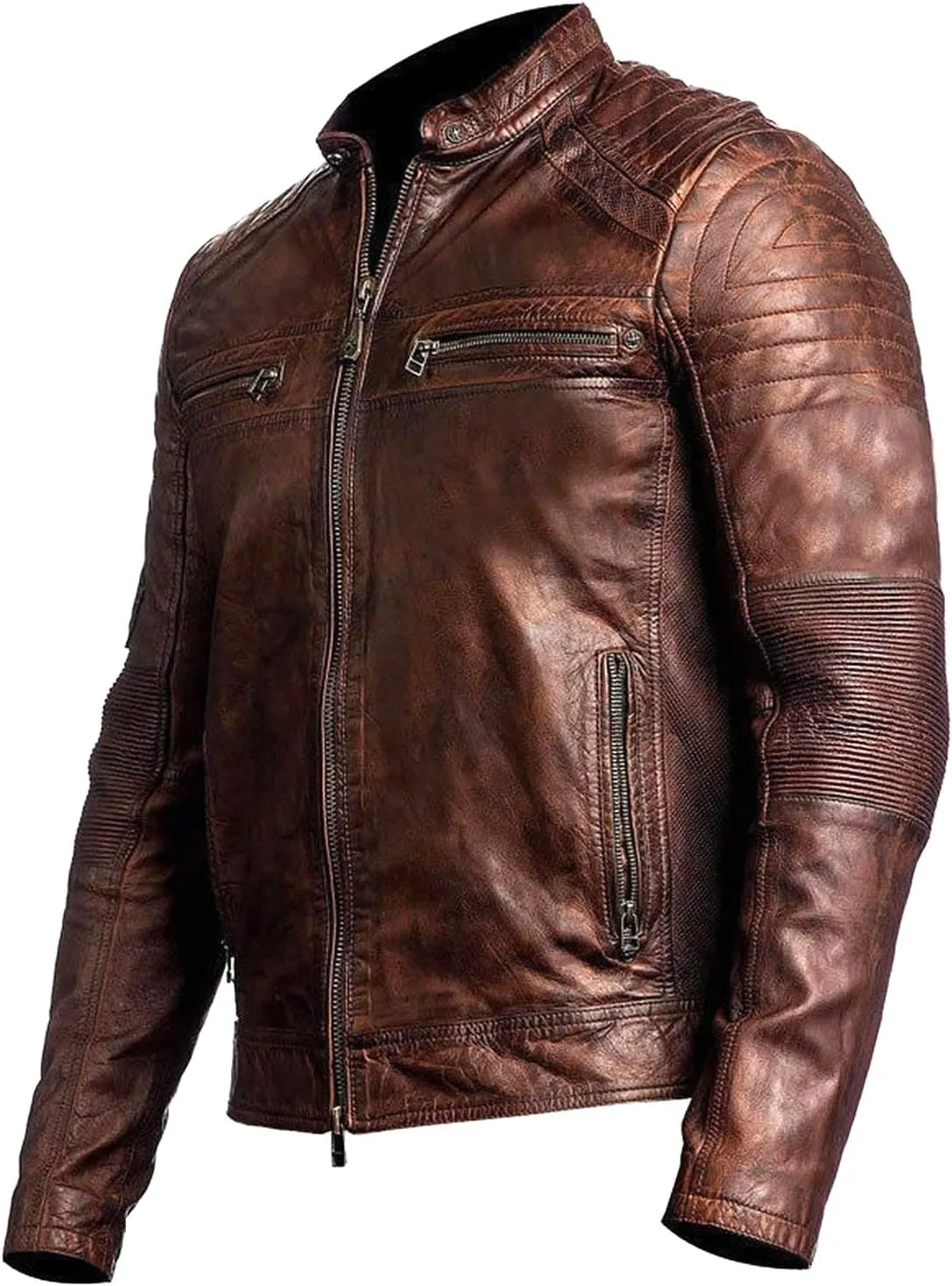 Mens Vintage Cafe Racer Distressed Brown Motorcycle Biker Genuine Leather Jacket