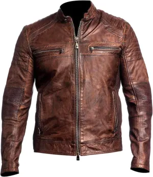 Mens Vintage Cafe Racer Distressed Brown Motorcycle Biker Genuine Leather Jacket