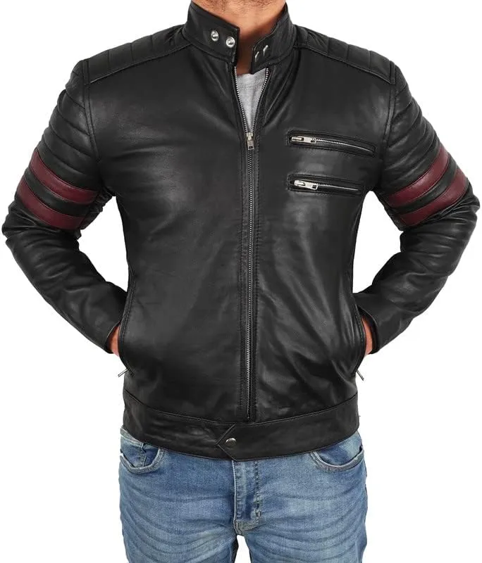 Mens Vintage Motorcycle Red Stripes Mayhem Black Biker Leather Jacket