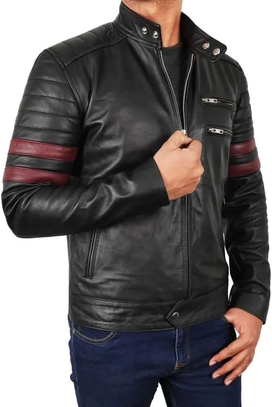 Mens Vintage Motorcycle Red Stripes Mayhem Black Biker Leather Jacket