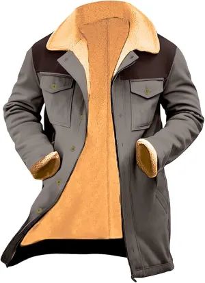 Men's Vintage Western Jackets Plush Reversed Collar Winter Jackets Button Down Long Trench Coats Punk Jackets Big&Tall