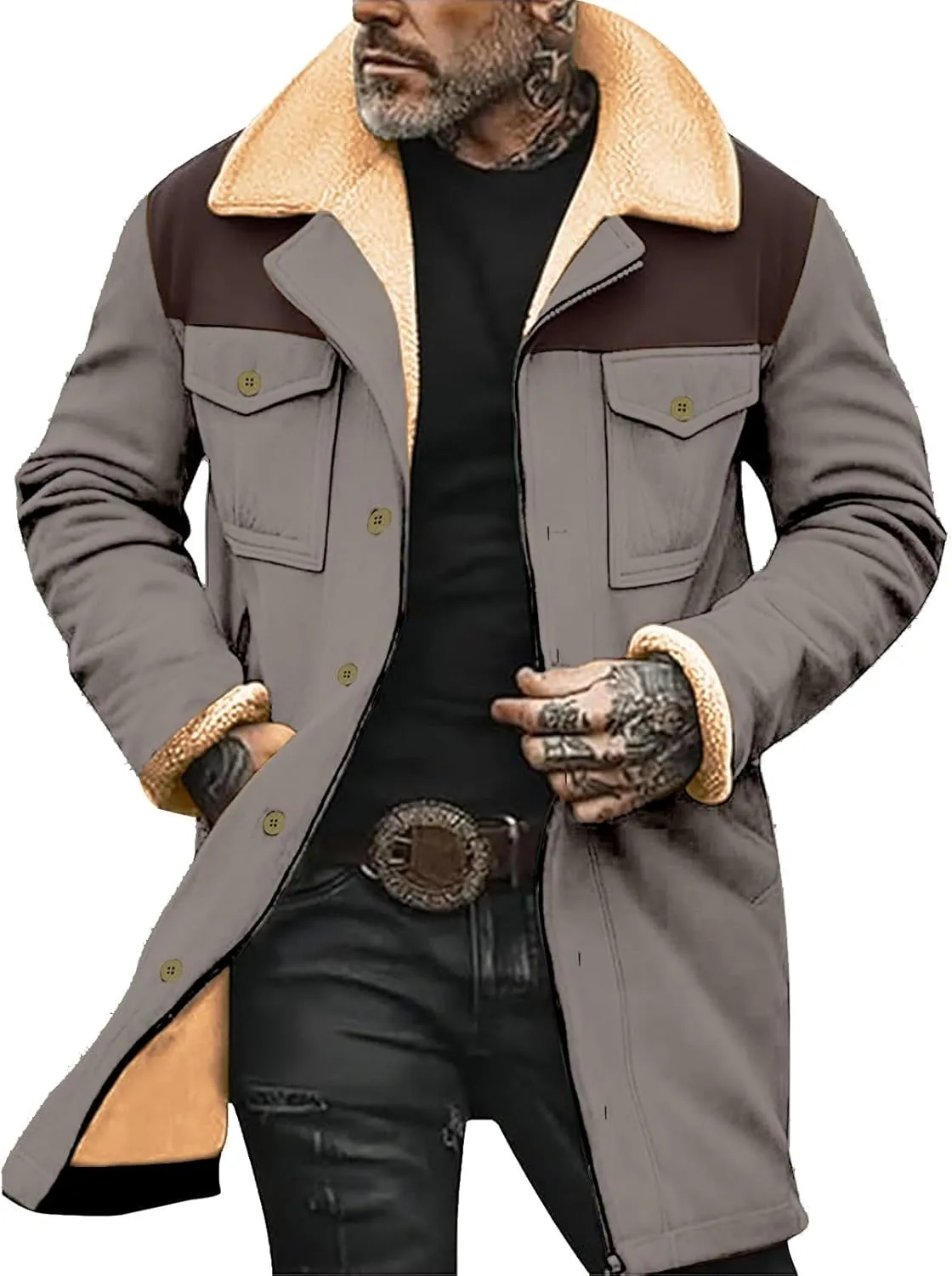 Men's Vintage Western Jackets Plush Reversed Collar Winter Jackets Button Down Long Trench Coats Punk Jackets Big&Tall