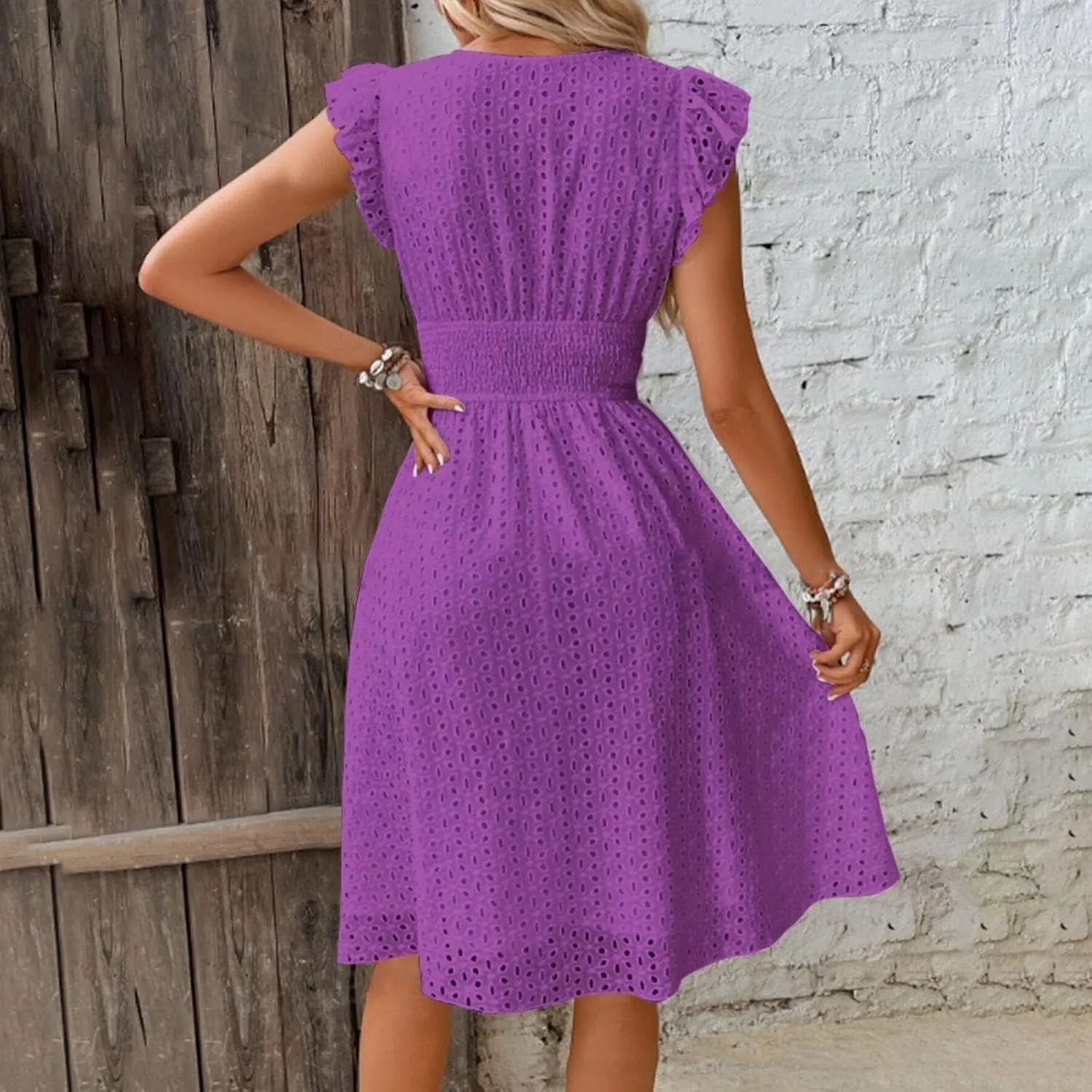 Midi Dresses for Women 2025 Wrap V Neck Lace Ruffle Sleeve Boho Dress Empire Waist Swing Flowy Beach Casual Dresses
