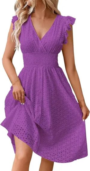 Midi Dresses for Women 2025 Wrap V Neck Lace Ruffle Sleeve Boho Dress Empire Waist Swing Flowy Beach Casual Dresses