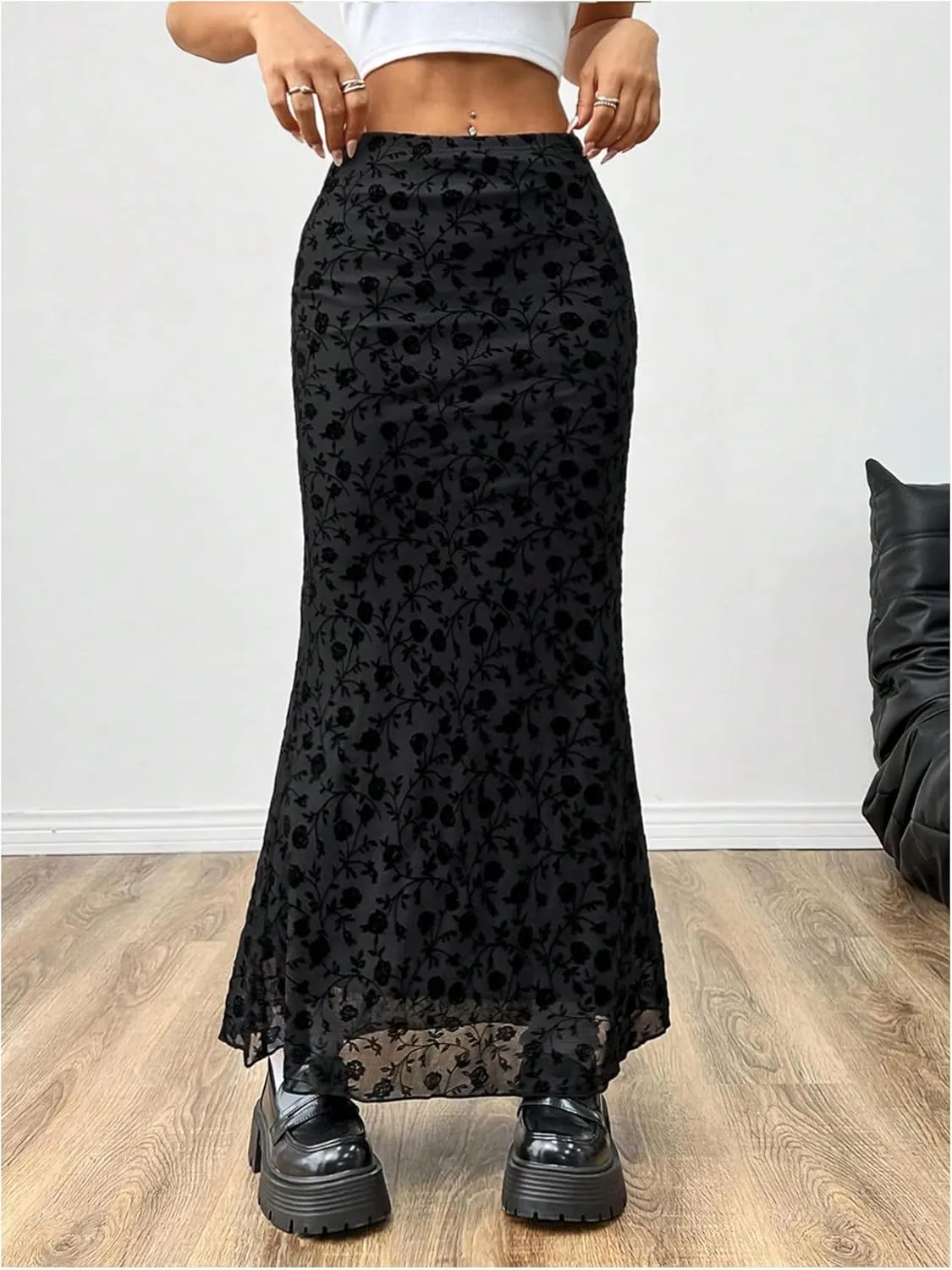 Milumia Women Vintage Floral Mesh Bodycon Skirt Low Rise Long Skirts