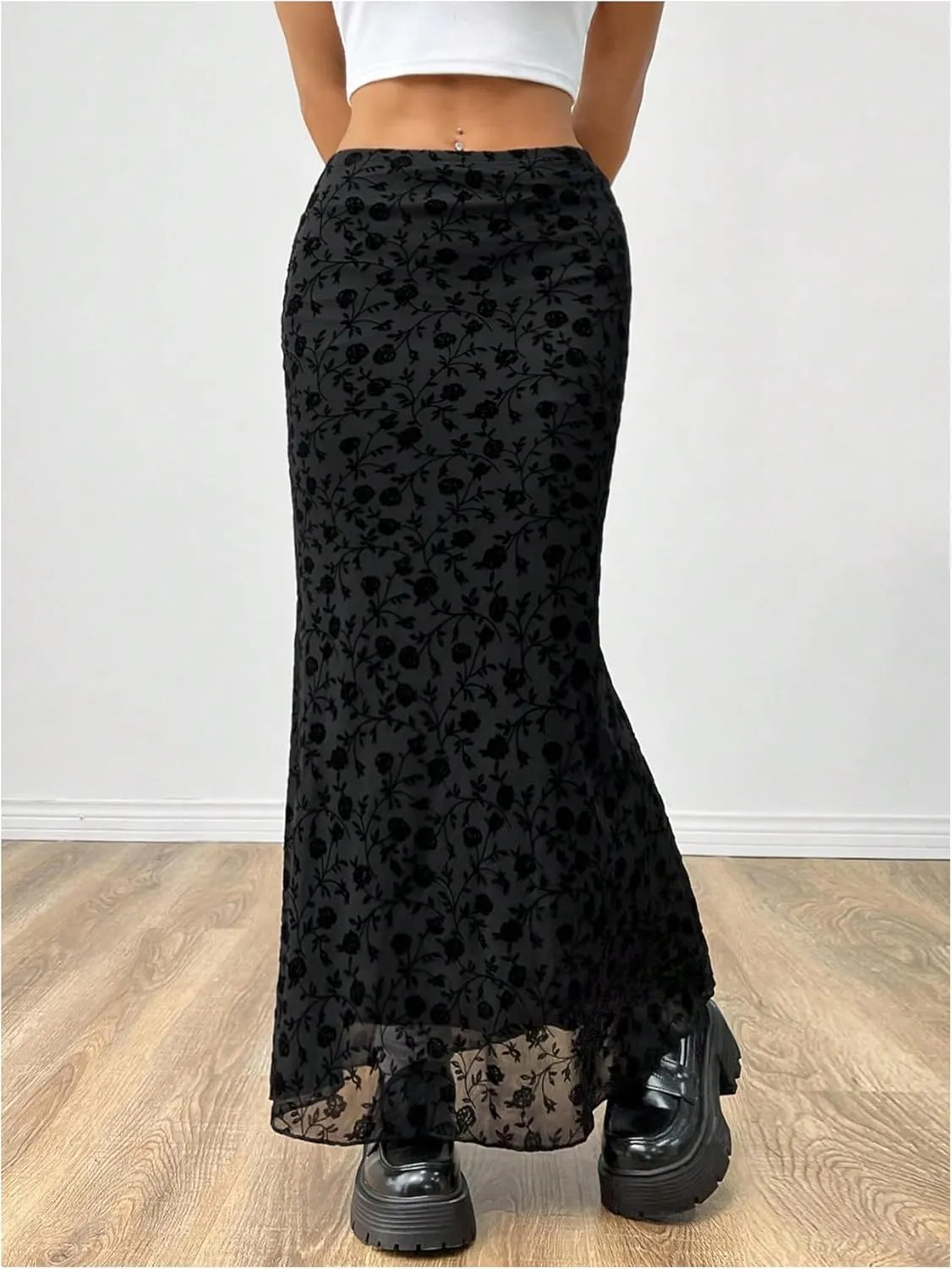 Milumia Women Vintage Floral Mesh Bodycon Skirt Low Rise Long Skirts