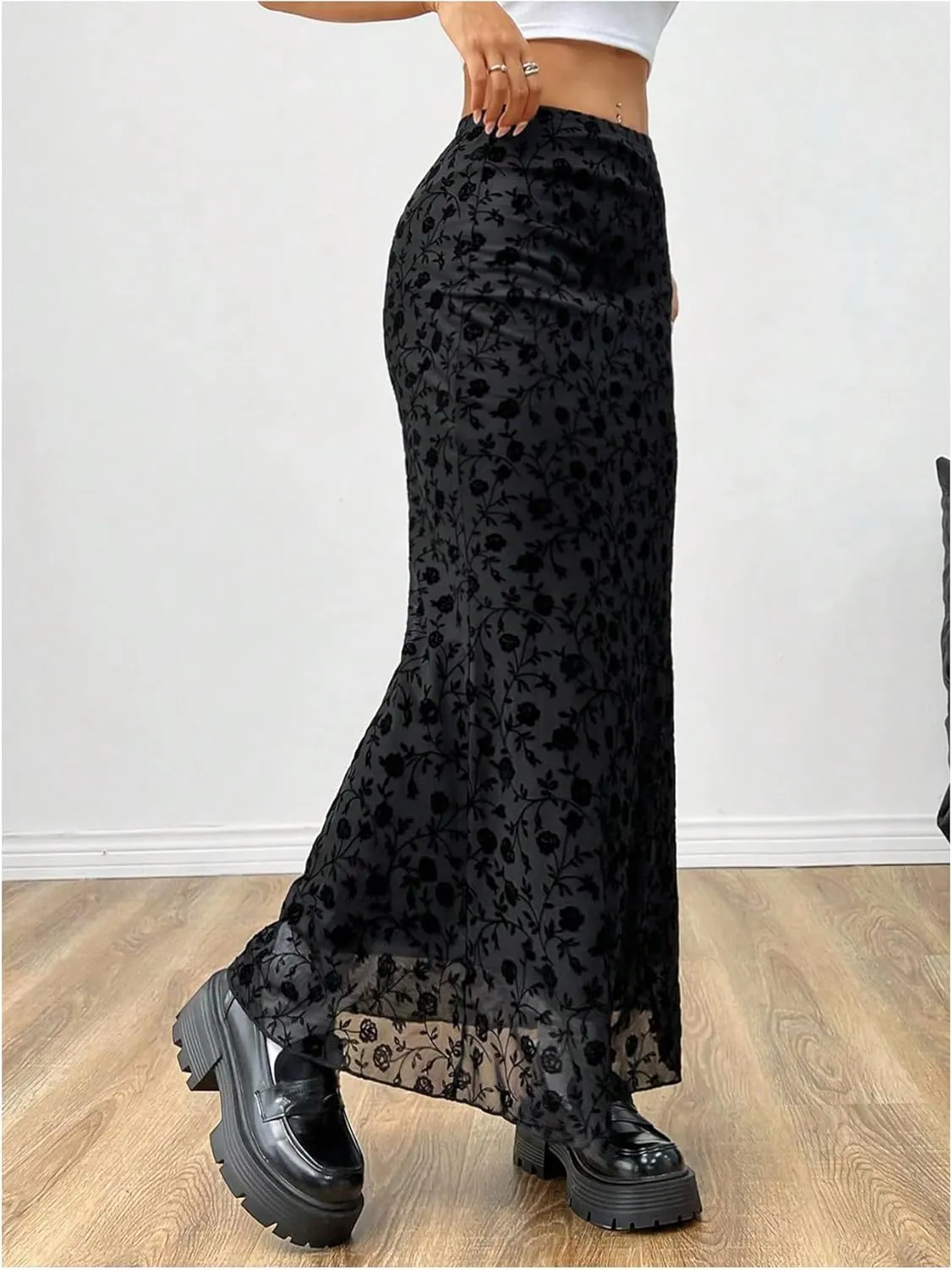 Milumia Women Vintage Floral Mesh Bodycon Skirt Low Rise Long Skirts
