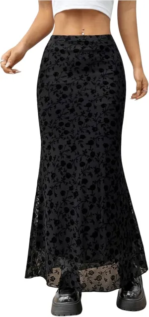 Milumia Women Vintage Floral Mesh Bodycon Skirt Low Rise Long Skirts