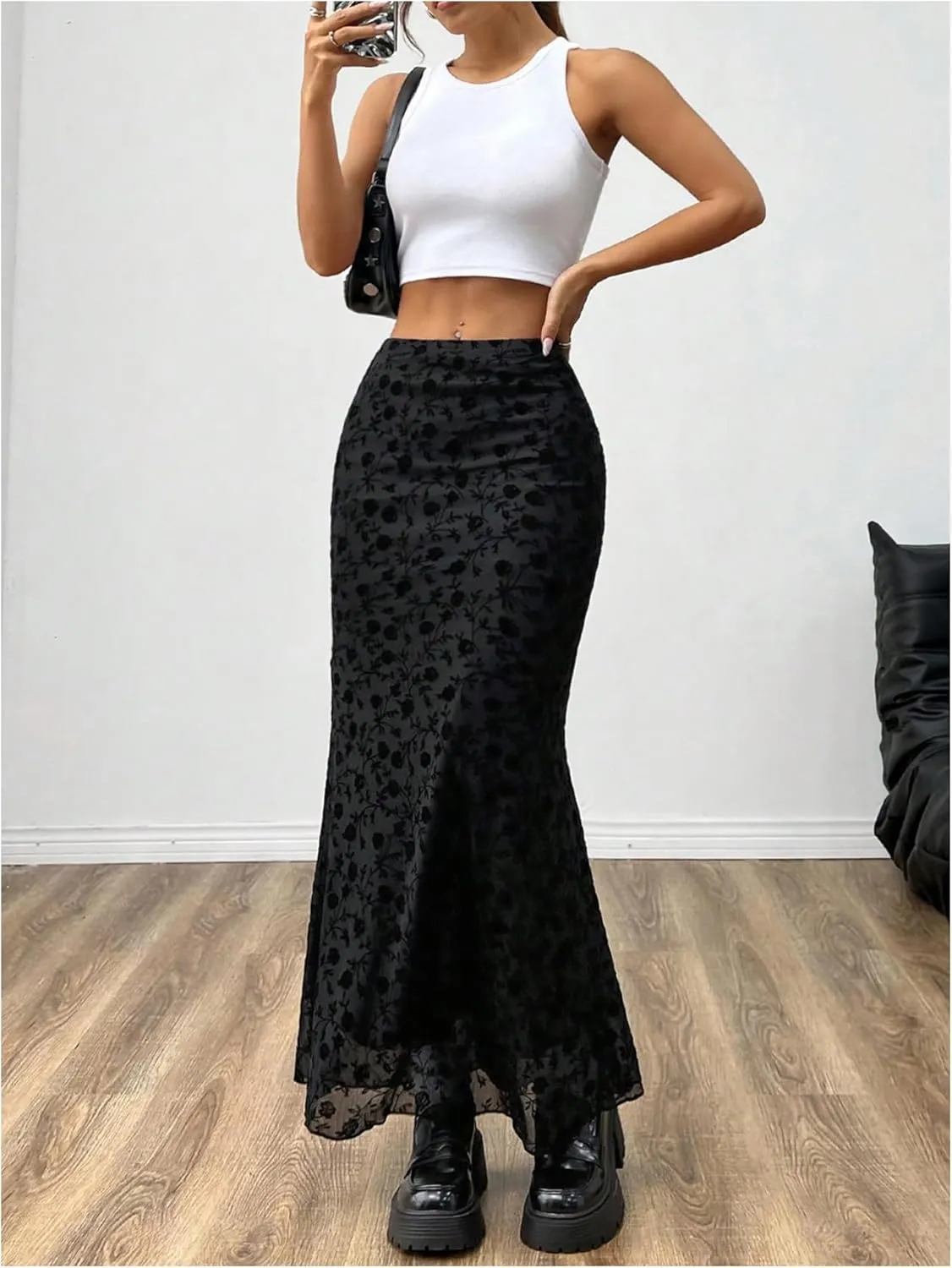 Milumia Women Vintage Floral Mesh Bodycon Skirt Low Rise Long Skirts