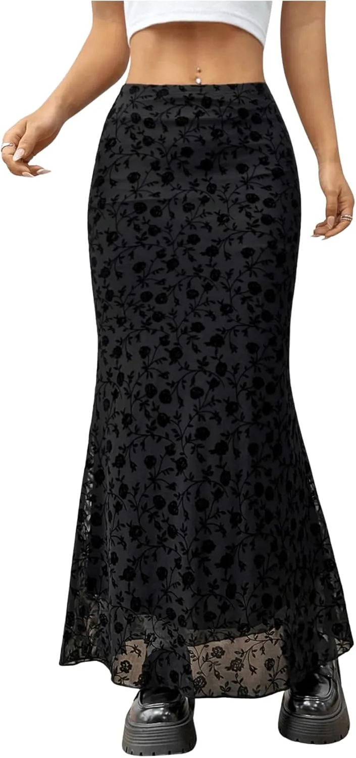 Milumia Women Vintage Floral Mesh Bodycon Skirt Low Rise Long Skirts