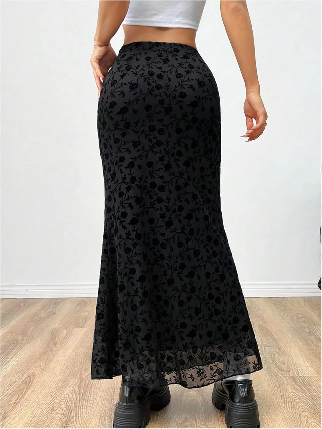 Milumia Women Vintage Floral Mesh Bodycon Skirt Low Rise Long Skirts