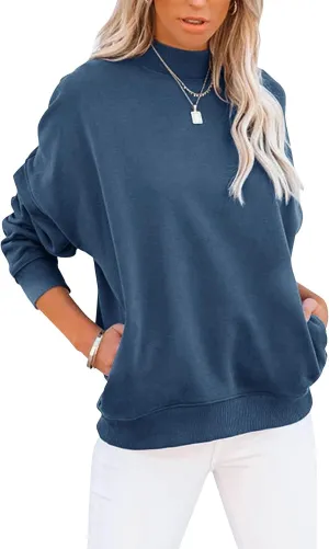 Minclouse Women's Casual Long sleeves Sweatshirt Tops Basic Loose Fit Mock Turtleneck Lightweight Tunic Pullover With Pocket