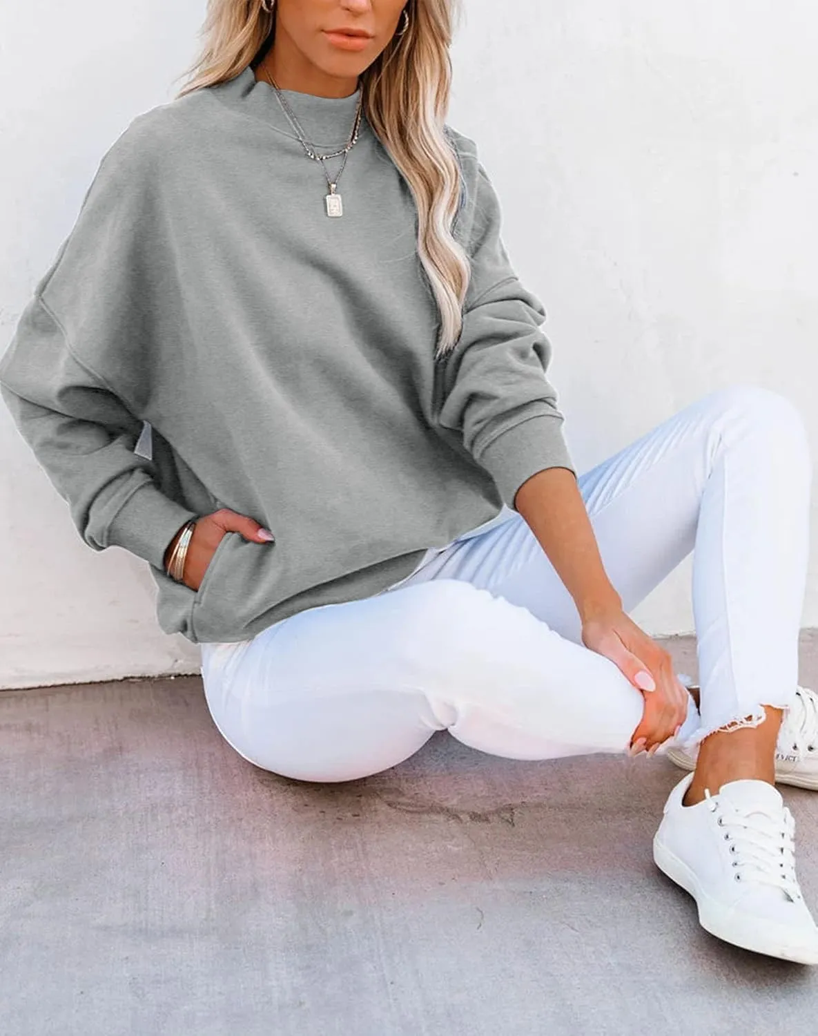 Minclouse Women's Casual Long sleeves Sweatshirt Tops Basic Loose Fit Mock Turtleneck Lightweight Tunic Pullover With Pocket