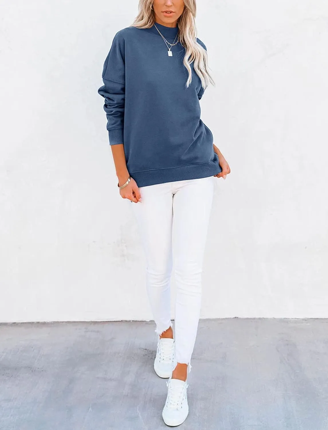 Minclouse Women's Casual Long sleeves Sweatshirt Tops Basic Loose Fit Mock Turtleneck Lightweight Tunic Pullover With Pocket