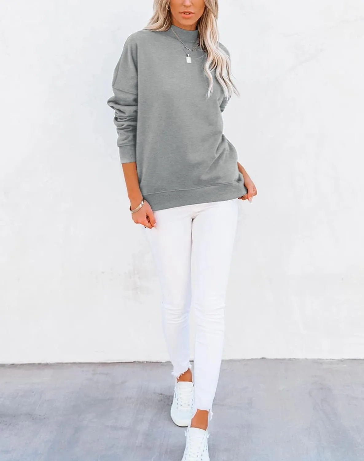 Minclouse Women's Casual Long sleeves Sweatshirt Tops Basic Loose Fit Mock Turtleneck Lightweight Tunic Pullover With Pocket