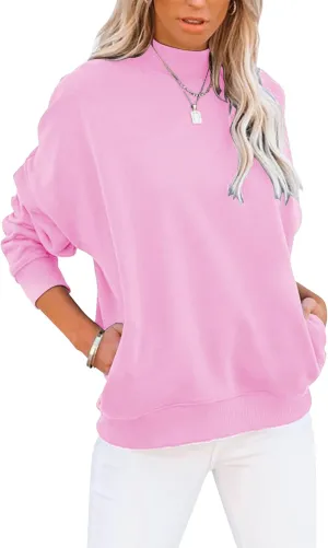 Minclouse Women's Casual Long sleeves Sweatshirt Tops Basic Loose Fit Mock Turtleneck Lightweight Tunic Pullover With Pocket