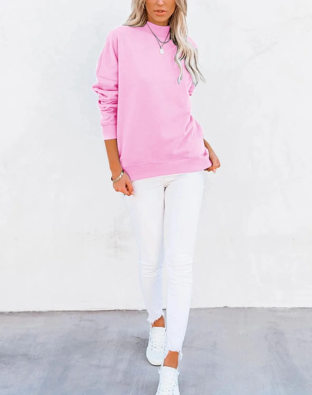 Minclouse Women's Casual Long sleeves Sweatshirt Tops Basic Loose Fit Mock Turtleneck Lightweight Tunic Pullover With Pocket