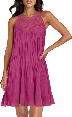 Mini Dresses for Women Summer Round Neck Sleeveless Tank Dress Trendy Loose Hollow Out Pleated Hem Beach Sundress