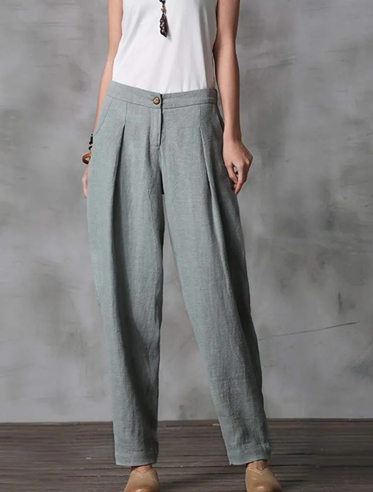 Minibee Women's Casual Linen Pants Elastic Waist Tapered Pants Trousers with Pockets