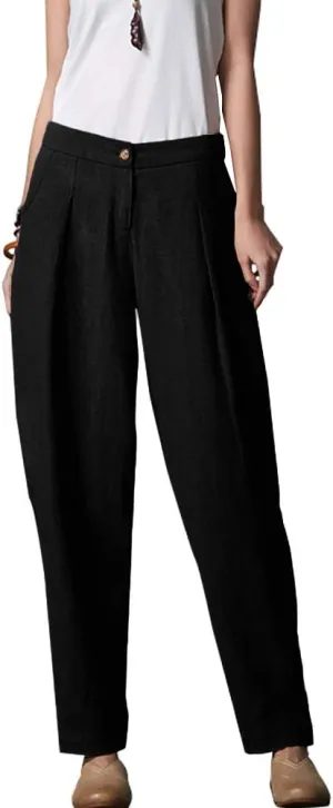 Minibee Women's Casual Linen Pants Elastic Waist Tapered Pants Trousers with Pockets