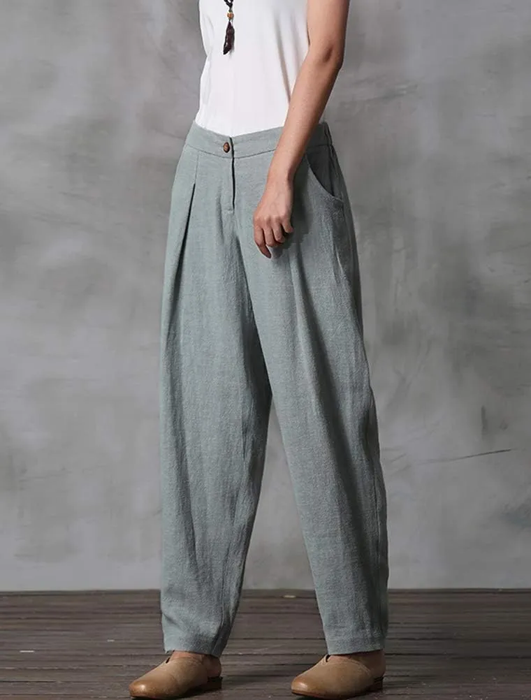 Minibee Women's Casual Linen Pants Elastic Waist Tapered Pants Trousers with Pockets