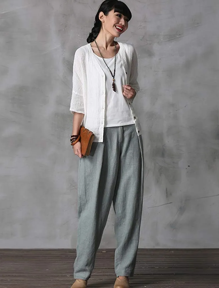 Minibee Women's Casual Linen Pants Elastic Waist Tapered Pants Trousers with Pockets