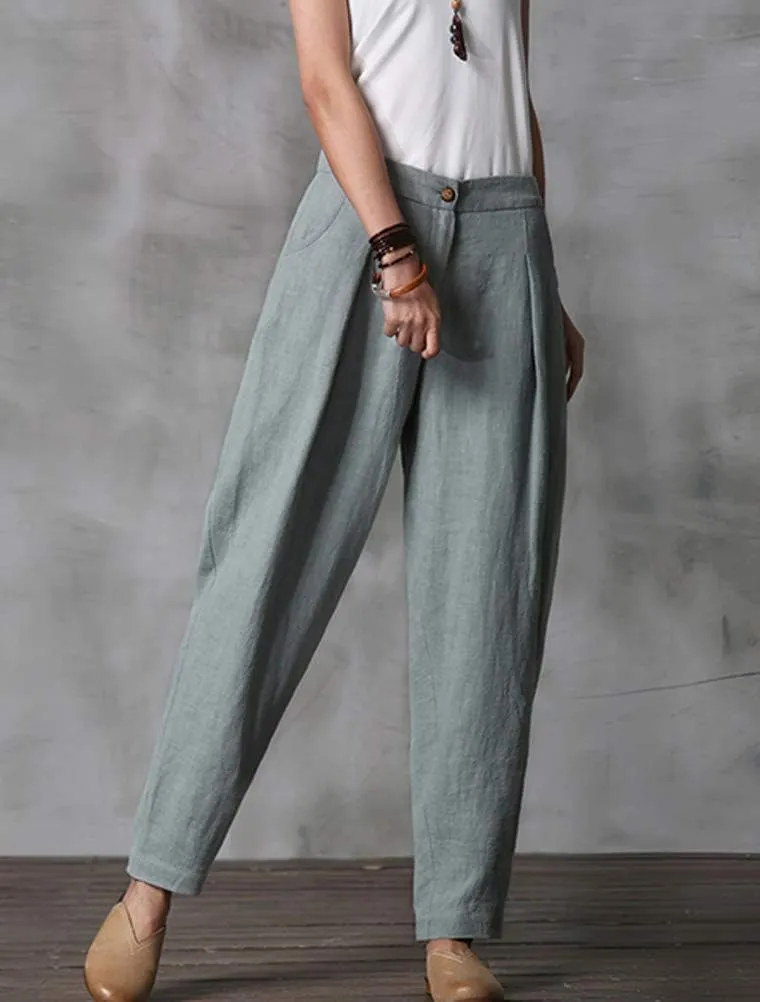 Minibee Women's Casual Linen Pants Elastic Waist Tapered Pants Trousers with Pockets