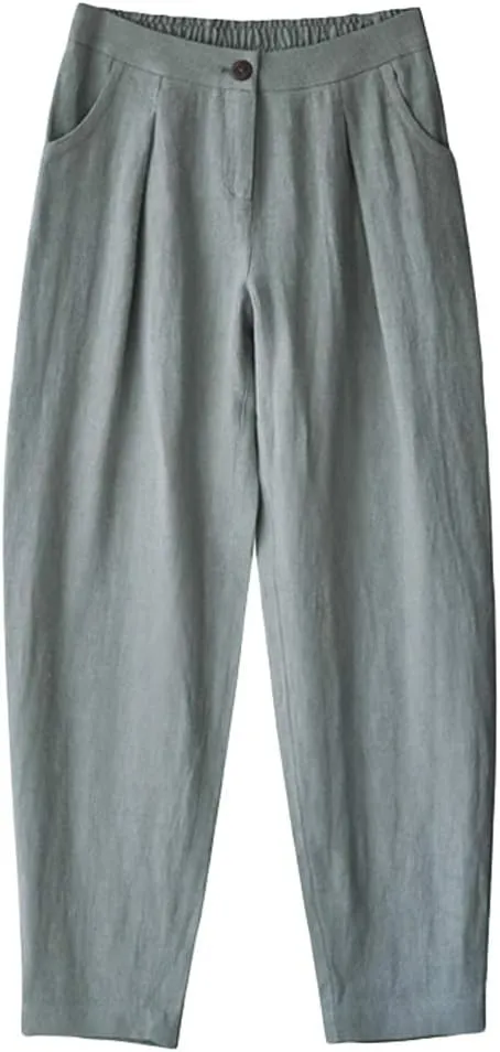 Minibee Women's Casual Linen Pants Elastic Waist Tapered Pants Trousers with Pockets