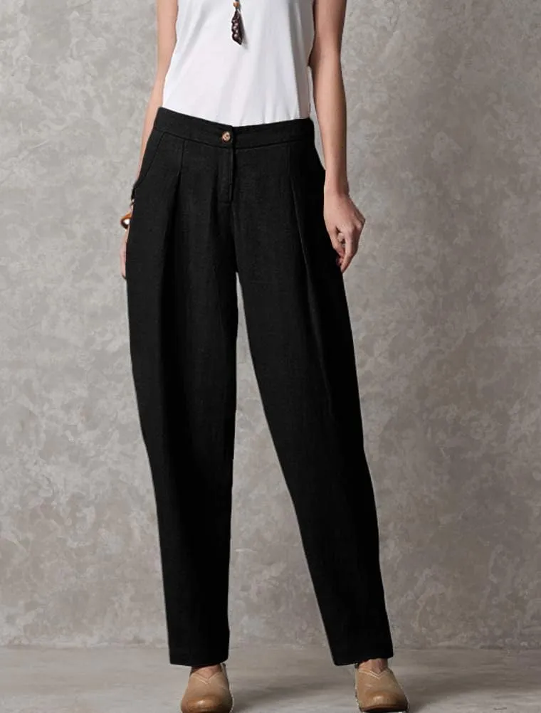 Minibee Women's Casual Linen Pants Elastic Waist Tapered Pants Trousers with Pockets