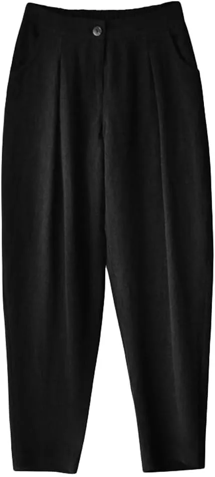 Minibee Women's Casual Linen Pants Elastic Waist Tapered Pants Trousers with Pockets