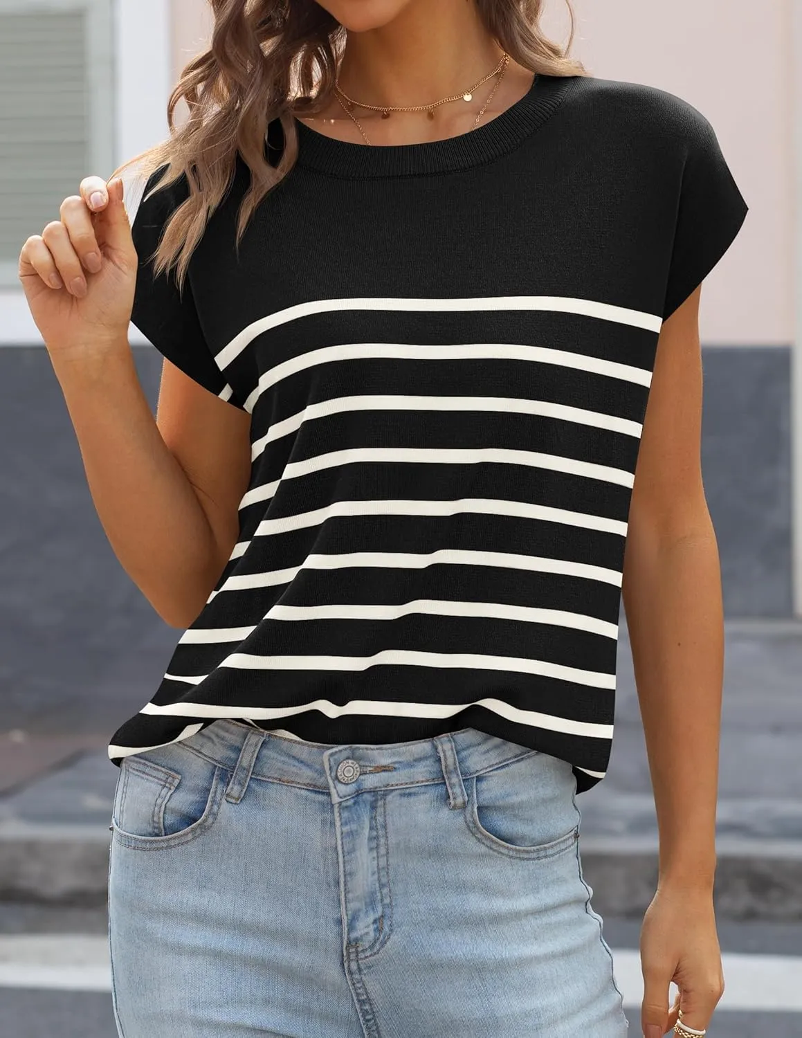 MIROL Women's Cap Sleeve Striped Tops 2025 Batwing Short Sleeve Summer Crewneck Tee Knit Casual Loose Shirts