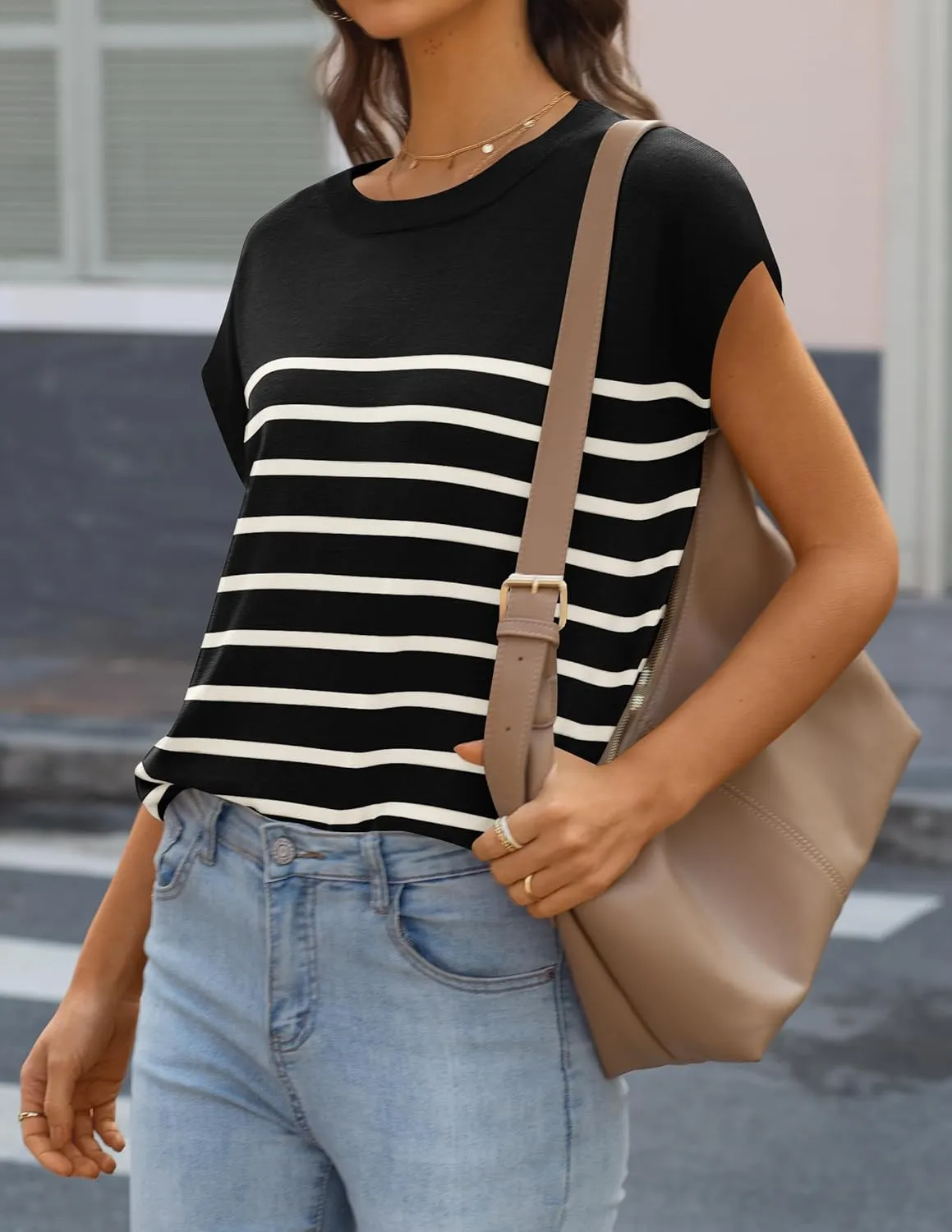 MIROL Women's Cap Sleeve Striped Tops 2025 Batwing Short Sleeve Summer Crewneck Tee Knit Casual Loose Shirts