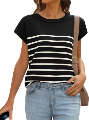 MIROL Women's Cap Sleeve Striped Tops 2025 Batwing Short Sleeve Summer Crewneck Tee Knit Casual Loose Shirts
