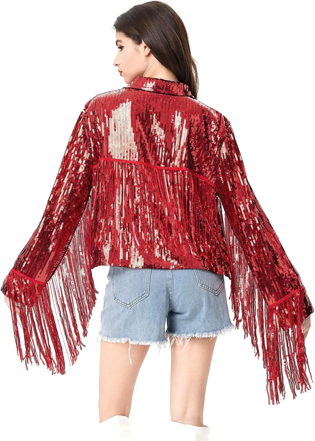 MISI CHAO Sequin Fringe Jacket Shiny Disco Cowgirl Outfit Theme Y2K 90s Streetwear Jacket Glitter Tassel Coat