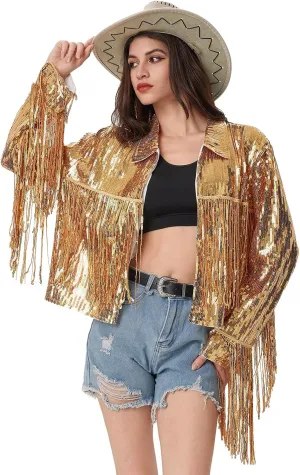 MISI CHAO Sequin Fringe Jacket Shiny Disco Cowgirl Outfit Theme Y2K 90s Streetwear Jacket Glitter Tassel Coat