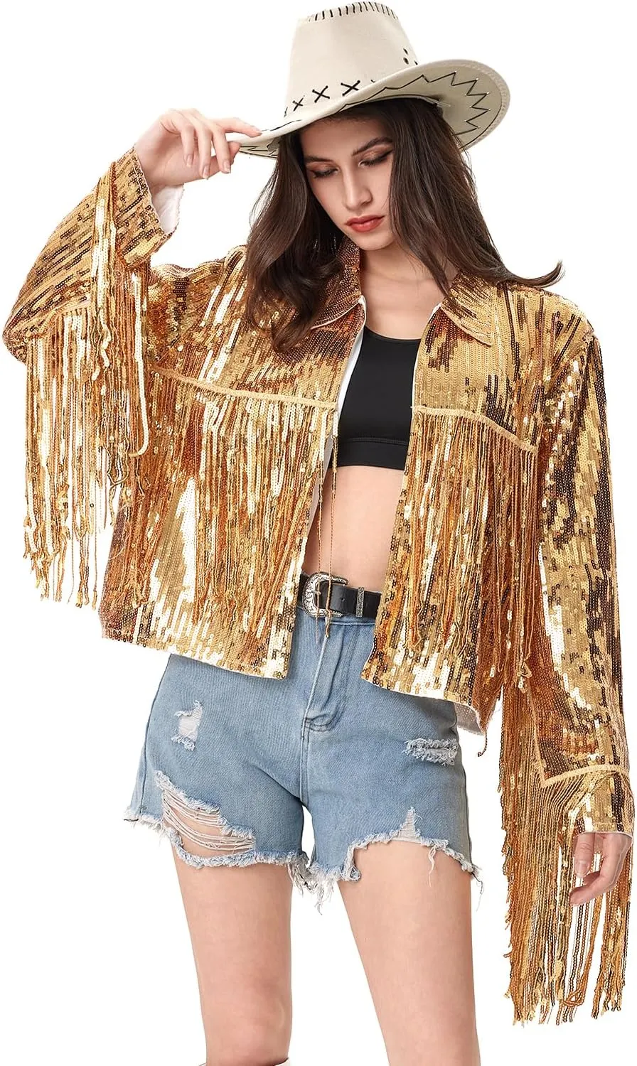 MISI CHAO Sequin Fringe Jacket Shiny Disco Cowgirl Outfit Theme Y2K 90s Streetwear Jacket Glitter Tassel Coat