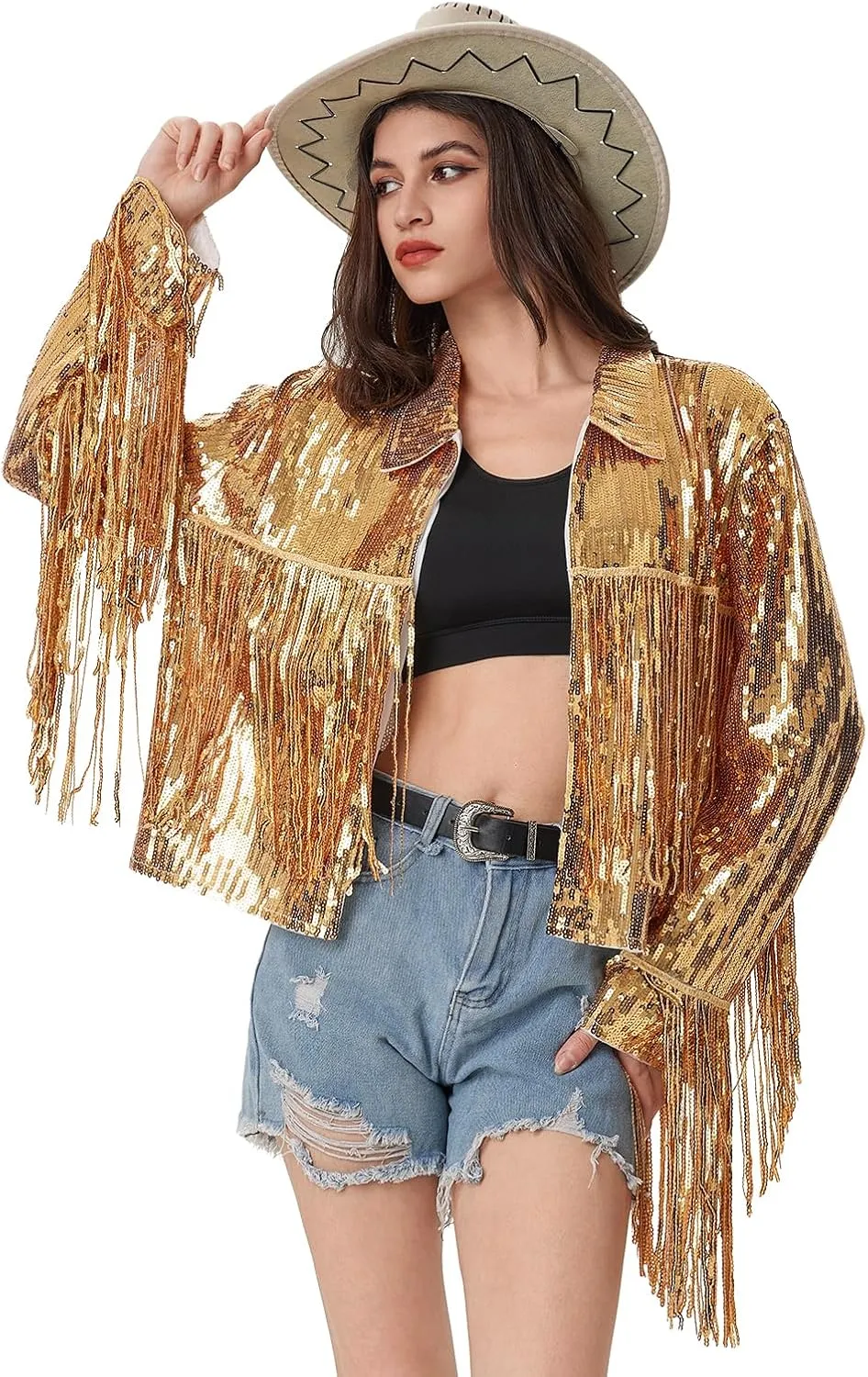 MISI CHAO Sequin Fringe Jacket Shiny Disco Cowgirl Outfit Theme Y2K 90s Streetwear Jacket Glitter Tassel Coat