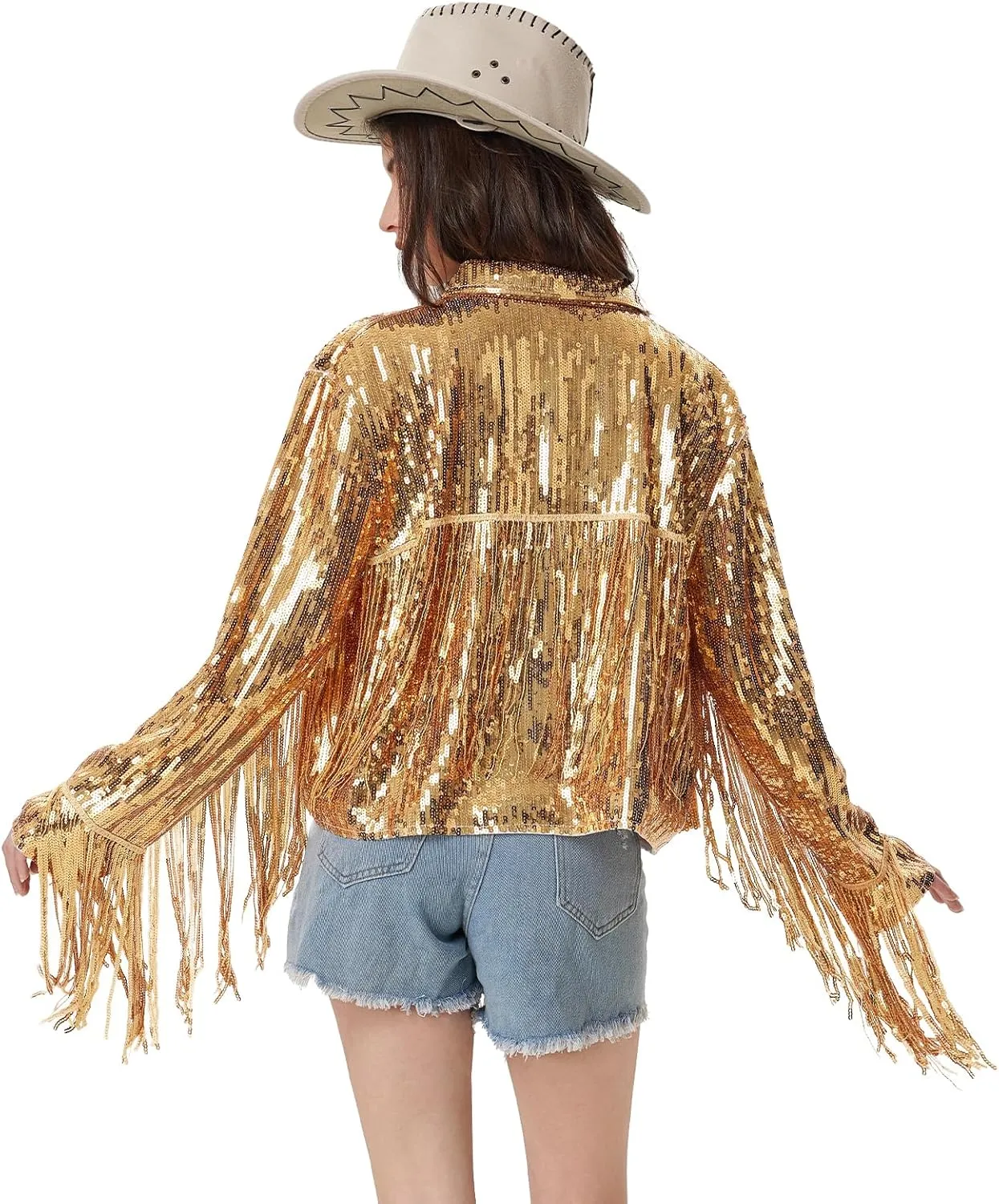 MISI CHAO Sequin Fringe Jacket Shiny Disco Cowgirl Outfit Theme Y2K 90s Streetwear Jacket Glitter Tassel Coat