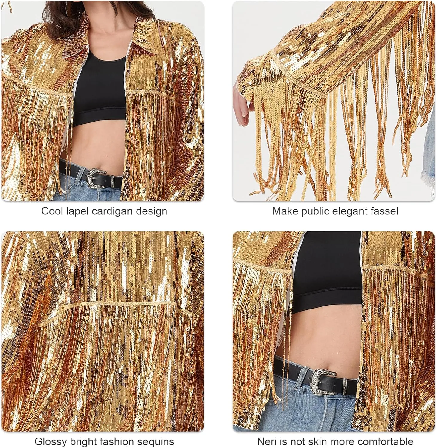 MISI CHAO Sequin Fringe Jacket Shiny Disco Cowgirl Outfit Theme Y2K 90s Streetwear Jacket Glitter Tassel Coat