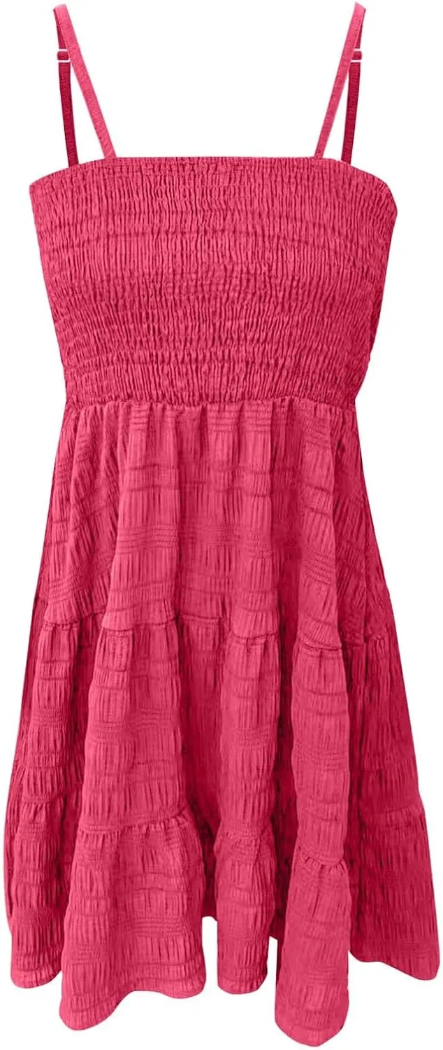 Miyaomn Women's Ruffle Spaghetti Strap Mini Dress Casual Solid A-Line Square Neck Sleeveless Smocked Tiered Flowy Sundresses