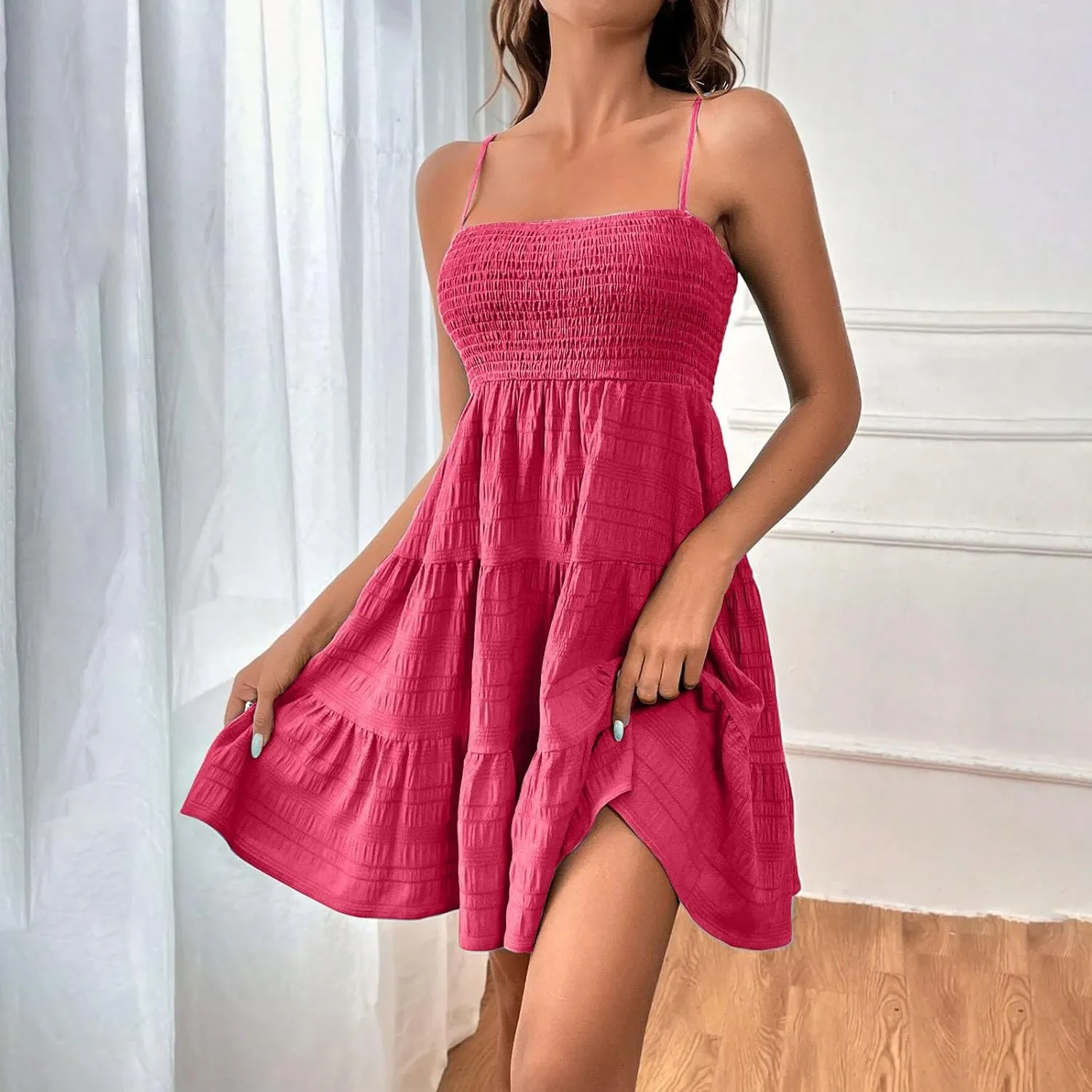 Miyaomn Women's Ruffle Spaghetti Strap Mini Dress Casual Solid A-Line Square Neck Sleeveless Smocked Tiered Flowy Sundresses